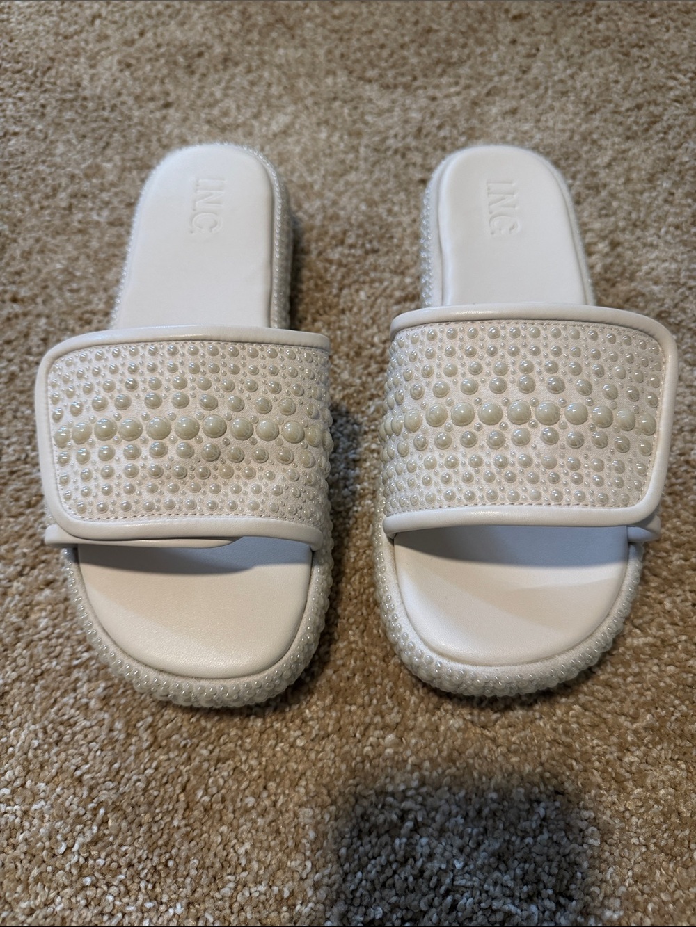 INC International Concepts White Pearl-Stud Slide Sandals